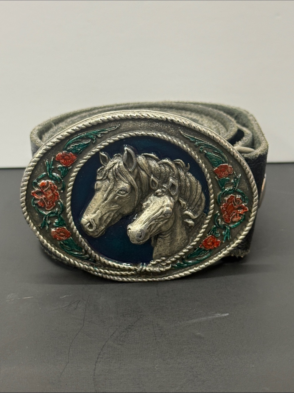 Western Horse Head Leather Belt with Floral Buckle - Blue and Red
